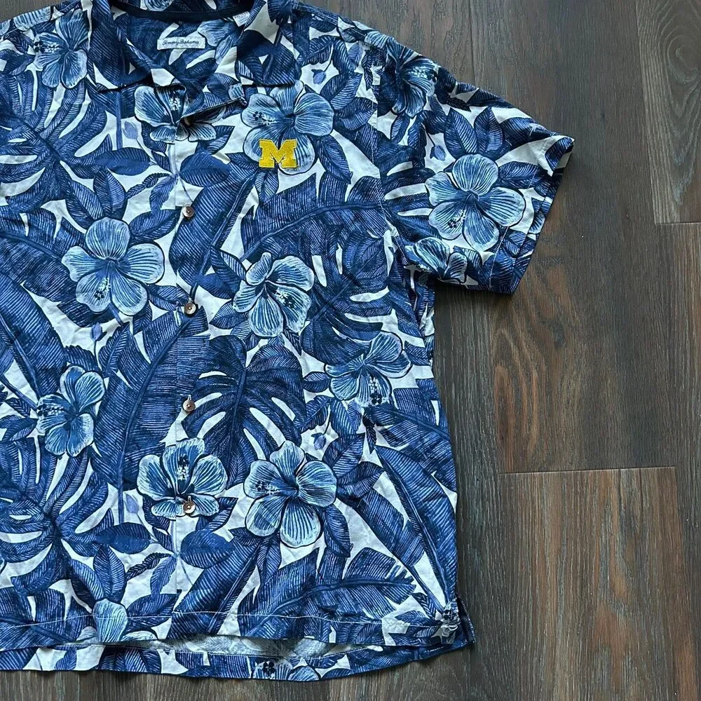 Michigan Wolverines Tommy Bahama 100% Silk Hawaiian Shirt Mens XXL Blue U of M